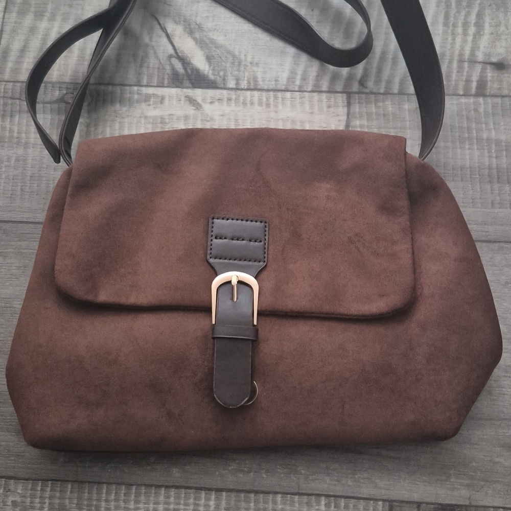 Commense Faux Suede Shoulder Bag  Buckle Strap Brown NWT - Picture 7 of 11